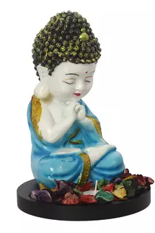 eCraftIndia Praying Blue Monk Buddha with Wooden Base, Fragranced Petals and Tealight