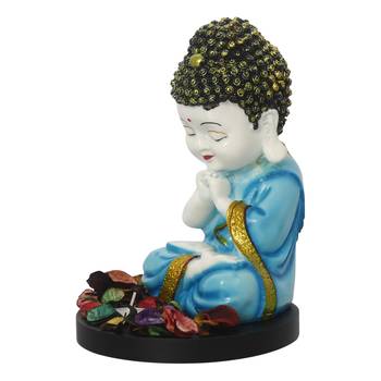 eCraftIndia Praying Blue Monk Buddha with Wooden Base, Fragranced Petals and Tealight 6