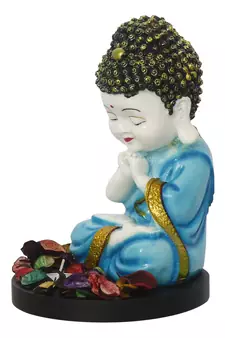 eCraftIndia Praying Blue Monk Buddha with Wooden Base, Fragranced Petals and Tealight