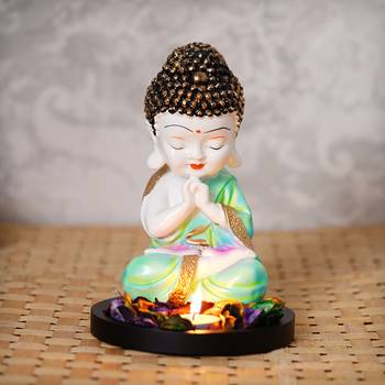 eCraftIndia Praying Green Monk Buddha with Wooden Base, Fragranced Petals and Tealight 1
