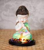 eCraftIndia Praying Green Monk Buddha with Wooden Base, Fragranced Petals and Tealight