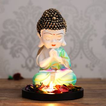 eCraftIndia Praying Green Monk Buddha with Wooden Base, Fragranced Petals and Tealight 2