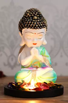 eCraftIndia Praying Green Monk Buddha with Wooden Base, Fragranced Petals and Tealight