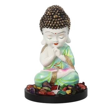 eCraftIndia Praying Green Monk Buddha with Wooden Base, Fragranced Petals and Tealight 3
