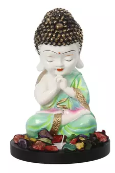 eCraftIndia Praying Green Monk Buddha with Wooden Base, Fragranced Petals and Tealight