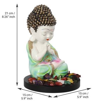 eCraftIndia Praying Green Monk Buddha with Wooden Base, Fragranced Petals and Tealight 4