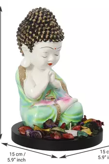 eCraftIndia Praying Green Monk Buddha with Wooden Base, Fragranced Petals and Tealight