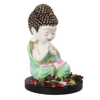 eCraftIndia Praying Green Monk Buddha with Wooden Base, Fragranced Petals and Tealight 5