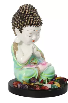 eCraftIndia Praying Green Monk Buddha with Wooden Base, Fragranced Petals and Tealight