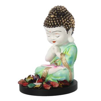 eCraftIndia Praying Green Monk Buddha with Wooden Base, Fragranced Petals and Tealight 6