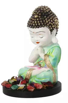 eCraftIndia Praying Green Monk Buddha with Wooden Base, Fragranced Petals and Tealight