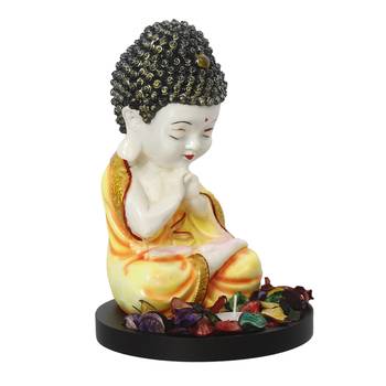 eCraftIndia Praying Orange Monk Buddha with Wooden Base, Fragranced Petals and Tealight 2