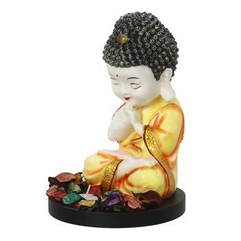 eCraftIndia Praying Orange Monk Buddha with Wooden Base, Fragranced Petals and Tealight 3