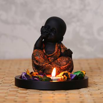 eCraftIndia Decorative Smiling Copper Monk Buddha with Wooden Base, Fragranced Petals and Tealight 1