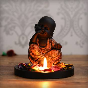 eCraftIndia Decorative Smiling Copper Monk Buddha with Wooden Base, Fragranced Petals and Tealight 2