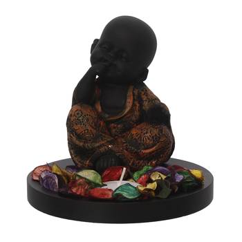 eCraftIndia Decorative Smiling Copper Monk Buddha with Wooden Base, Fragranced Petals and Tealight 3
