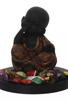 eCraftIndia Decorative Smiling Copper Monk Buddha with Wooden Base, Fragranced Petals and Tealight