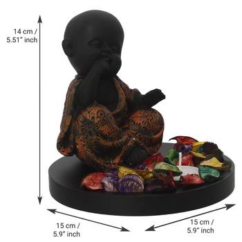 eCraftIndia Decorative Smiling Copper Monk Buddha with Wooden Base, Fragranced Petals and Tealight 4
