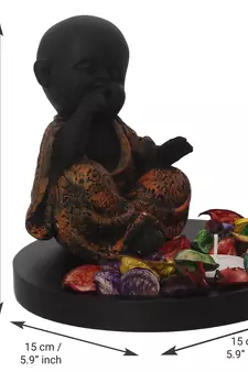 eCraftIndia Decorative Smiling Copper Monk Buddha with Wooden Base, Fragranced Petals and Tealight