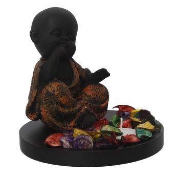 eCraftIndia Decorative Smiling Copper Monk Buddha with Wooden Base, Fragranced Petals and Tealight 5