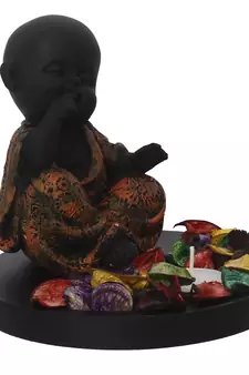 eCraftIndia Decorative Smiling Copper Monk Buddha with Wooden Base, Fragranced Petals and Tealight