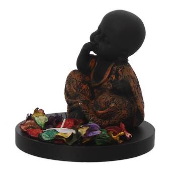 eCraftIndia Decorative Smiling Copper Monk Buddha with Wooden Base, Fragranced Petals and Tealight 6