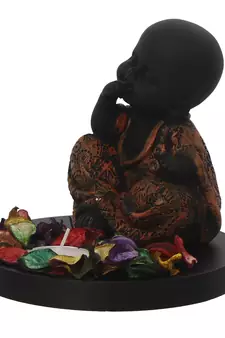 eCraftIndia Decorative Smiling Copper Monk Buddha with Wooden Base, Fragranced Petals and Tealight