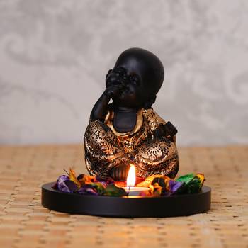 eCraftIndia Decorative Smiling Golden Monk Buddha with Wooden Base, Fragranced Petals and Tealight 1