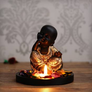 eCraftIndia Decorative Smiling Golden Monk Buddha with Wooden Base, Fragranced Petals and Tealight 2