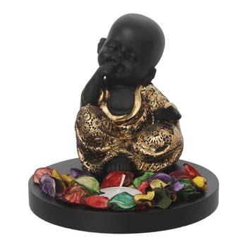 eCraftIndia Decorative Smiling Golden Monk Buddha with Wooden Base, Fragranced Petals and Tealight 3