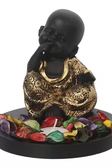 eCraftIndia Decorative Smiling Golden Monk Buddha with Wooden Base, Fragranced Petals and Tealight