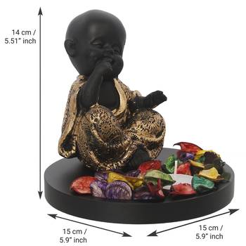 eCraftIndia Decorative Smiling Golden Monk Buddha with Wooden Base, Fragranced Petals and Tealight 4