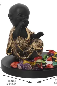 eCraftIndia Decorative Smiling Golden Monk Buddha with Wooden Base, Fragranced Petals and Tealight