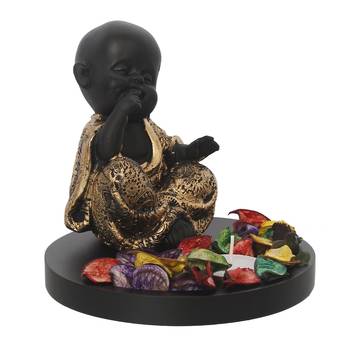 eCraftIndia Decorative Smiling Golden Monk Buddha with Wooden Base, Fragranced Petals and Tealight 5