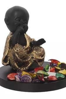 eCraftIndia Decorative Smiling Golden Monk Buddha with Wooden Base, Fragranced Petals and Tealight