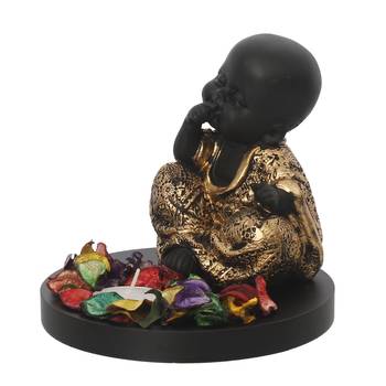 eCraftIndia Decorative Smiling Golden Monk Buddha with Wooden Base, Fragranced Petals and Tealight 6