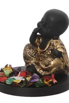 eCraftIndia Decorative Smiling Golden Monk Buddha with Wooden Base, Fragranced Petals and Tealight