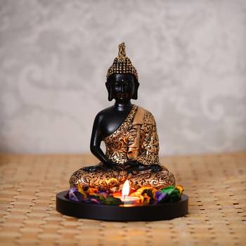 eCraftIndia Handcrafted Meditating Blessing Golden Buddha with Wooden Base, Fragranced Petals and Tealight 1