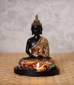 eCraftIndia Handcrafted Meditating Blessing Golden Buddha with Wooden Base, Fragranced Petals and Tealight