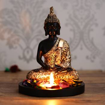 eCraftIndia Handcrafted Meditating Blessing Golden Buddha with Wooden Base, Fragranced Petals and Tealight 2