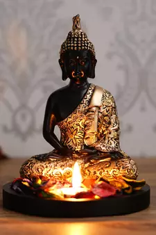eCraftIndia Handcrafted Meditating Blessing Golden Buddha with Wooden Base, Fragranced Petals and Tealight