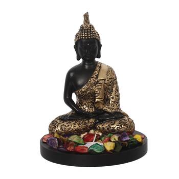 eCraftIndia Handcrafted Meditating Blessing Golden Buddha with Wooden Base, Fragranced Petals and Tealight 3