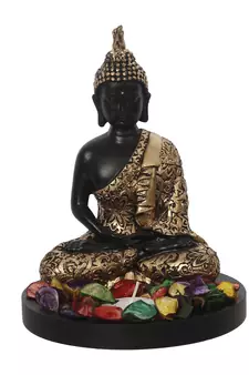 eCraftIndia Handcrafted Meditating Blessing Golden Buddha with Wooden Base, Fragranced Petals and Tealight