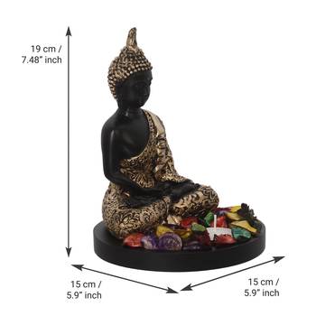 eCraftIndia Handcrafted Meditating Blessing Golden Buddha with Wooden Base, Fragranced Petals and Tealight 4
