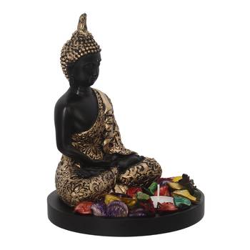 eCraftIndia Handcrafted Meditating Blessing Golden Buddha with Wooden Base, Fragranced Petals and Tealight 5
