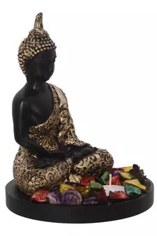eCraftIndia Handcrafted Meditating Blessing Golden Buddha with Wooden Base, Fragranced Petals and Tealight