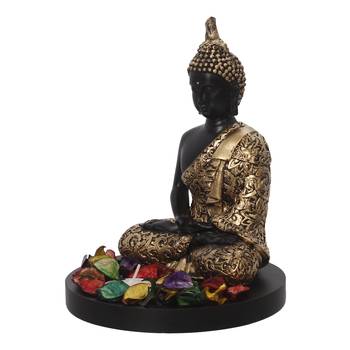 eCraftIndia Handcrafted Meditating Blessing Golden Buddha with Wooden Base, Fragranced Petals and Tealight 6