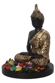 eCraftIndia Handcrafted Meditating Blessing Golden Buddha with Wooden Base, Fragranced Petals and Tealight