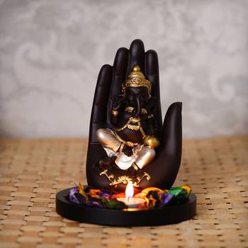 eCraftIndia Golden Handcrafted Palm Ganesha Decorative Showpiece with Wooden Base, Fragranced Petals and Tealight 1