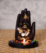 eCraftIndia Golden Handcrafted Palm Ganesha Decorative Showpiece with Wooden Base, Fragranced Petals and Tealight